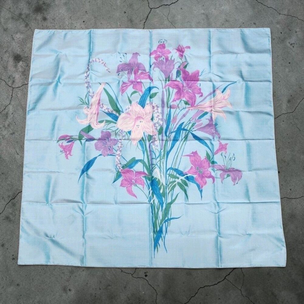 Thai Silk Scarf Pink Purple Lillies on Blue 37 x 37 in Cottagecore Coquette Luxe